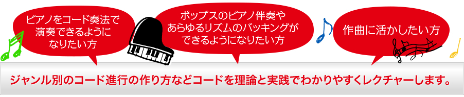 ジャンル別のコード進行の作り方などコードを理論と実践でわかりやすくレクチャーします。