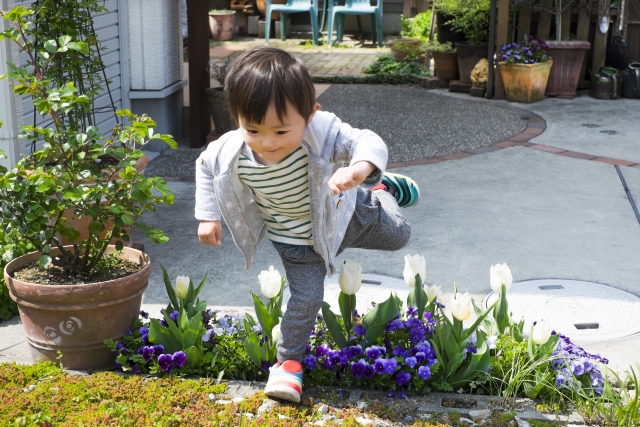 花壇を飛び越える男の子の画像